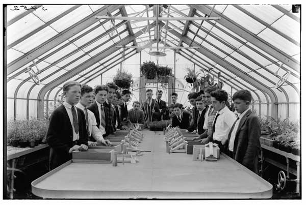 Woodwork.
Group of 20 boys from P.S. 90, in, instruction in Greenhouse with garden implements.  Gifts to BBG.
