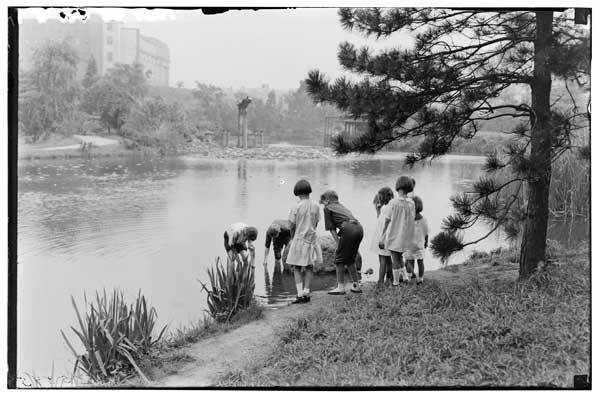 Lake in BBG, Children on shore of.