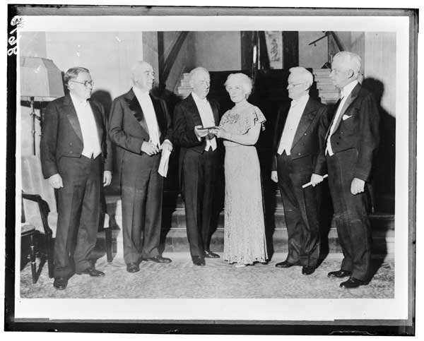 Natl Institute of Social Sciences.  Medal Group, May 9, 1934.  From left to right: Dr.W.B.Cannon, Judge Samuel Seabury, Thomas W. Lamont, Mrs. August Belmont, Dr. C. S. Gager, Judge Edward R. Finch.