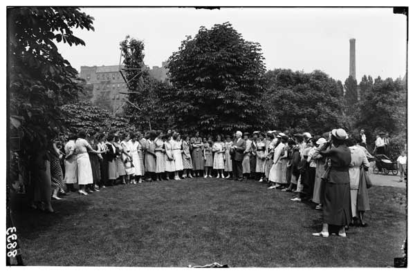 Group:  Girls commercial H. S. presenting Aesculus Hippocastanum var. Baumannii to BBG, June 13, 1935.
Dr. Gager accepting the gift on behalf of the BBG.